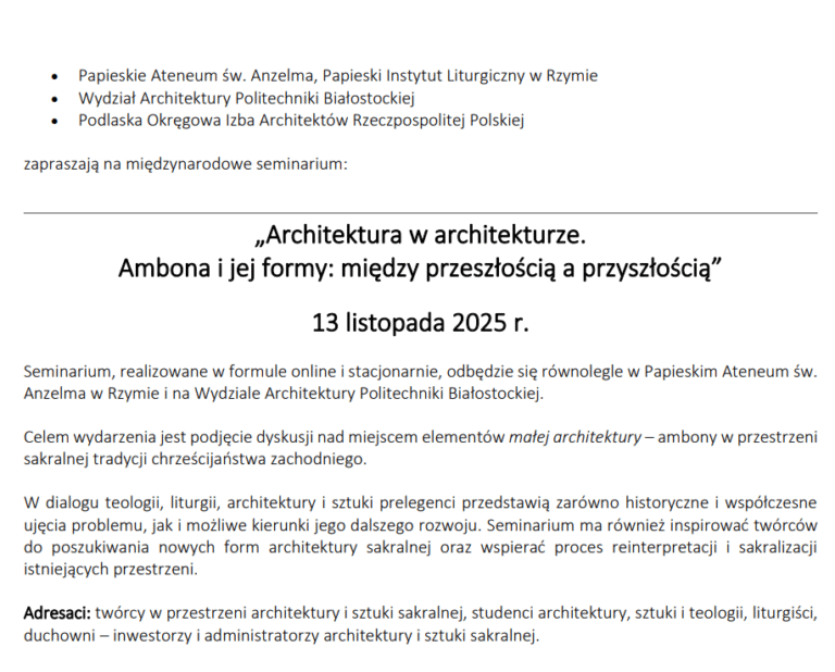 Seminarium „Architektura w architekturze. Ambona i jej formy: między przeszłością a przyszłością” 13 listopada br.